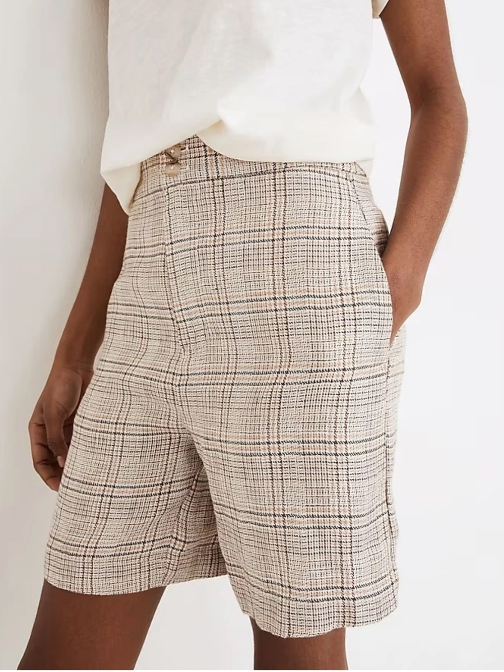 Madewell Linen Clean Shorts Women Size 6 Plaid Brown Beige Dark Academia Preppy